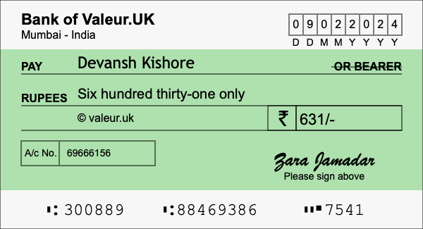 How to write a cheque for 631 rupees