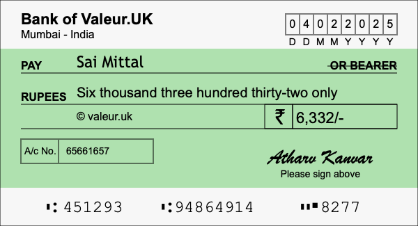 How to write a cheque for 6,332 rupees