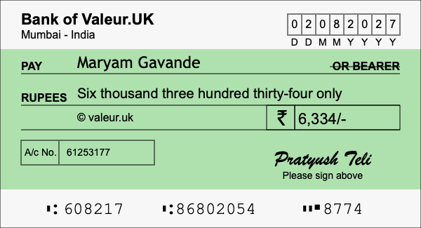 How to write a cheque for 6,334 rupees