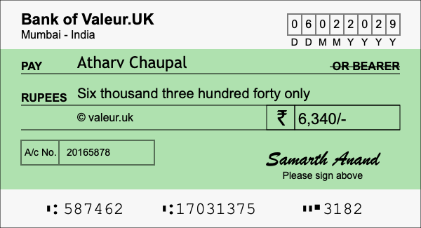 How to write a cheque for 6,340 rupees