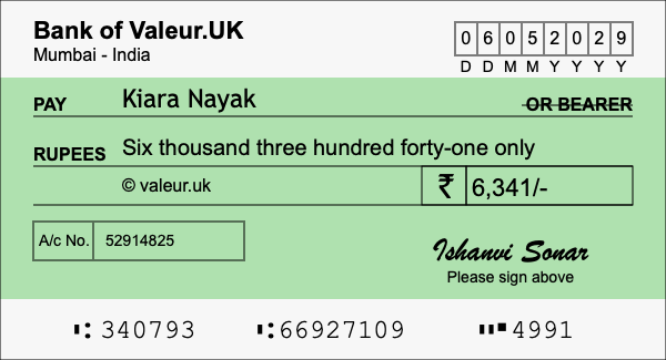 How to write a cheque for 6,341 rupees