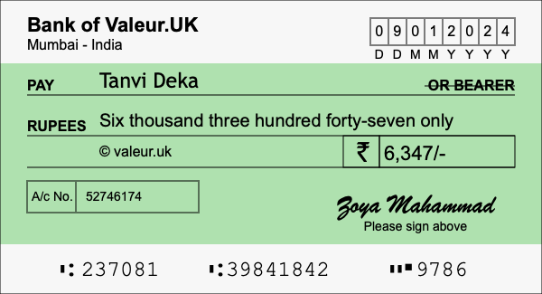 How to write a cheque for 6,347 rupees