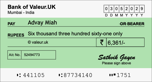 How to write a cheque for 6,361 rupees