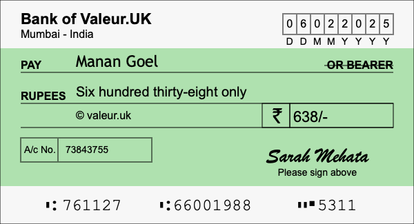 How to write a cheque for 638 rupees