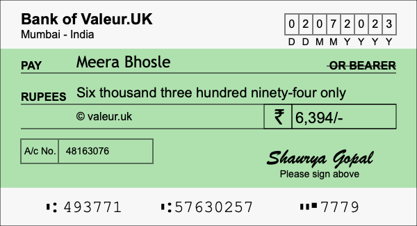 How to write a cheque for 6,394 rupees