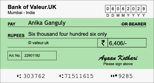 How to write a cheque for 6,406 rupees