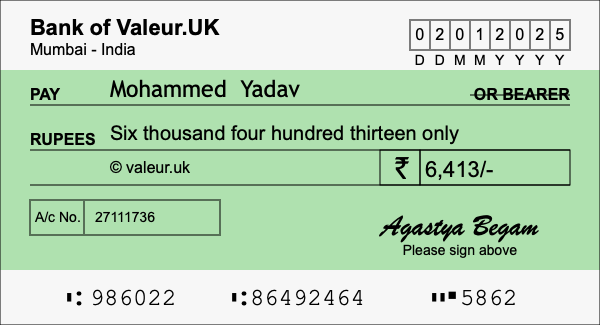 How to write a cheque for 6,413 rupees