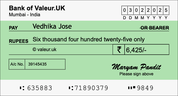 How to write a cheque for 6,425 rupees
