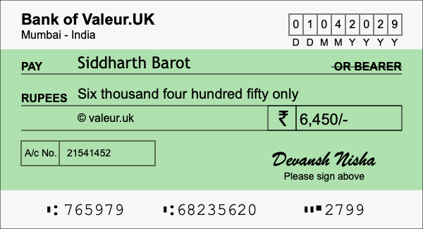 How to write a cheque for 6,450 rupees