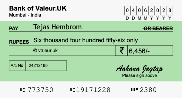 How to write a cheque for 6,456 rupees