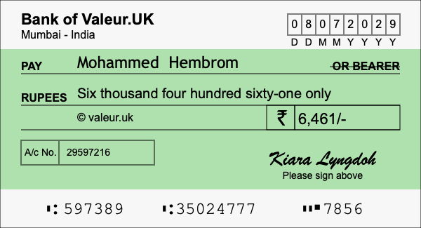 How to write a cheque for 6,461 rupees