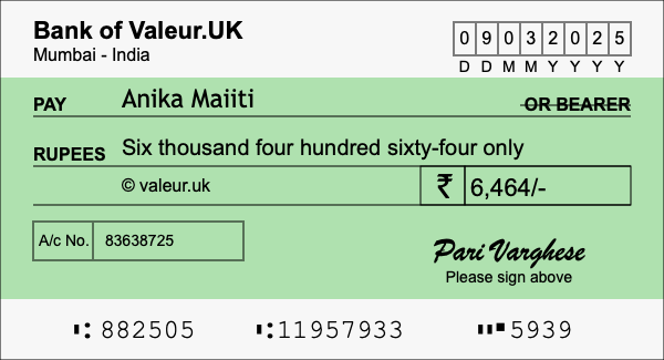 How to write a cheque for 6,464 rupees