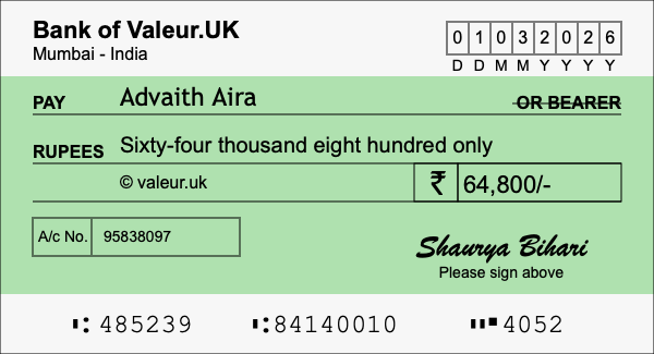 How to write a cheque for 64,800 rupees How to write a cheque for 64,800 rupees