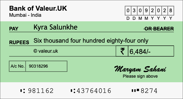 How to write a cheque for 6,484 rupees