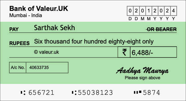 How to write a cheque for 6,488 rupees
