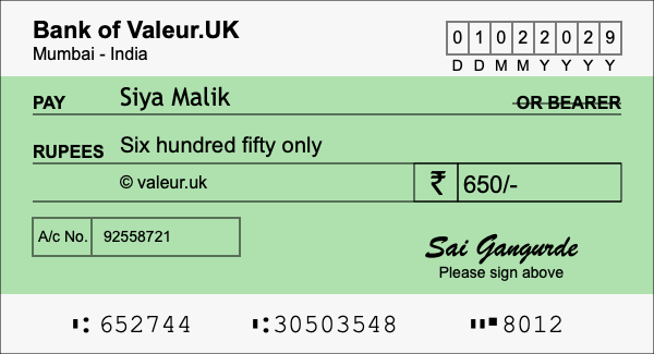 How to write a cheque for 650 rupees