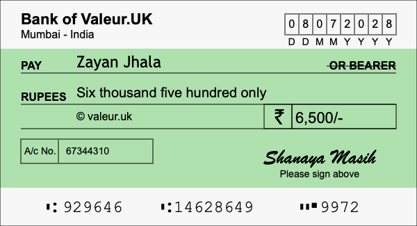 How to write a cheque for 6,500 rupees