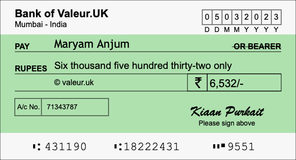 How to write a cheque for 6,532 rupees
