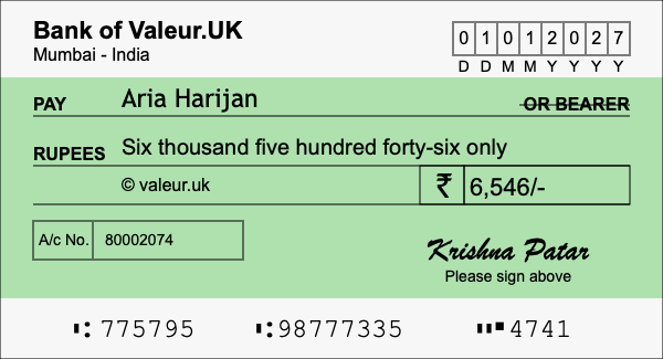 How to write a cheque for 6,546 rupees