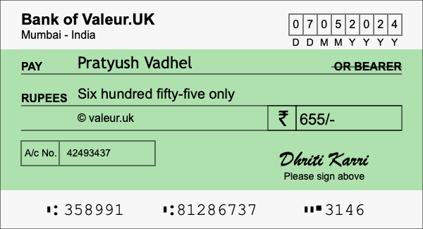 How to write a cheque for 655 rupees