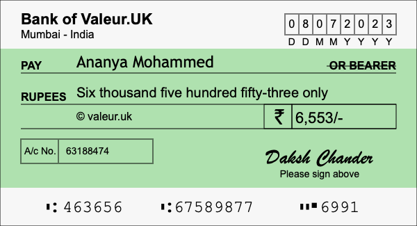 How to write a cheque for 6,553 rupees