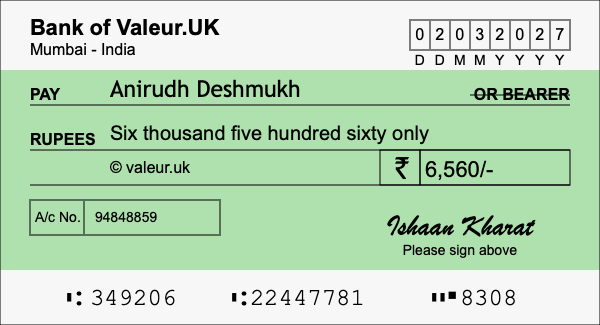 How to write a cheque for 6,560 rupees