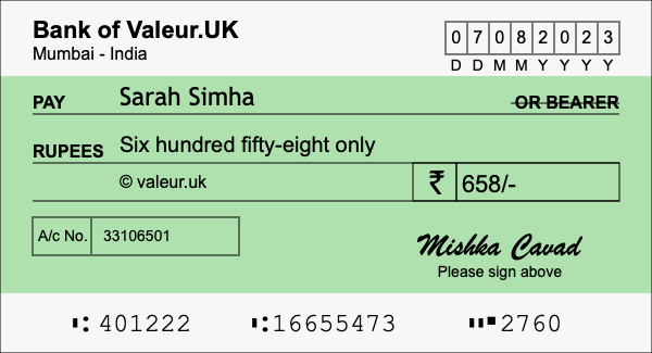 How to write a cheque for 658 rupees