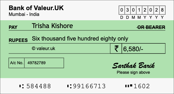 How to write a cheque for 6,580 rupees