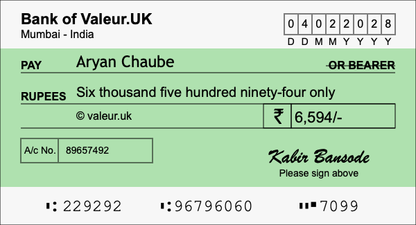 How to write a cheque for 6,594 rupees How to write a cheque for 6,594 rupees