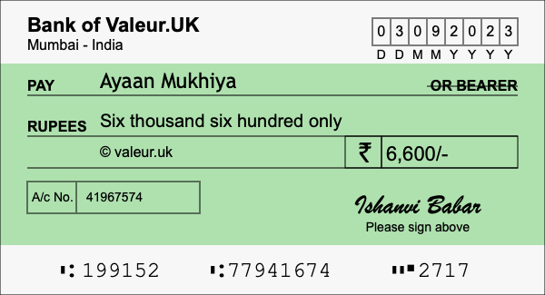 How to write a cheque for 6,600 rupees