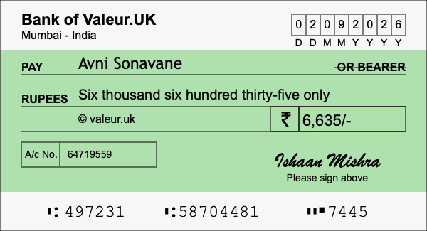 How to write a cheque for 6,635 rupees