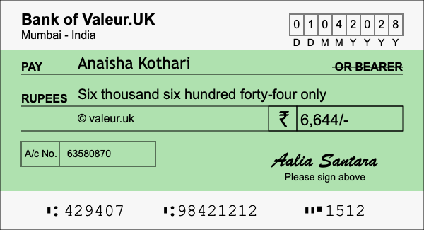 How to write a cheque for 6,644 rupees