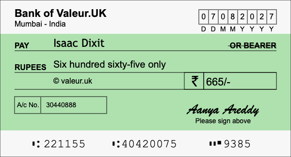 How to write a cheque for 665 rupees