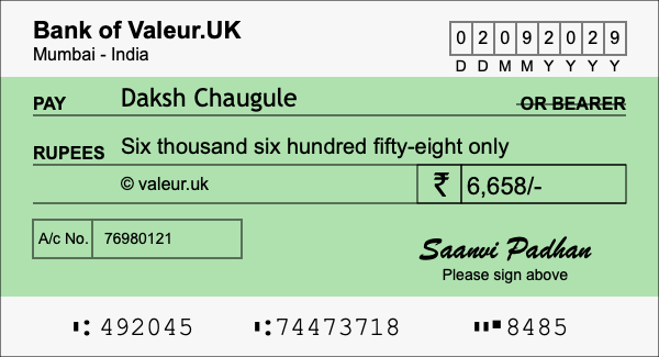 How to write a cheque for 6,658 rupees How to write a cheque for 6,658 rupees