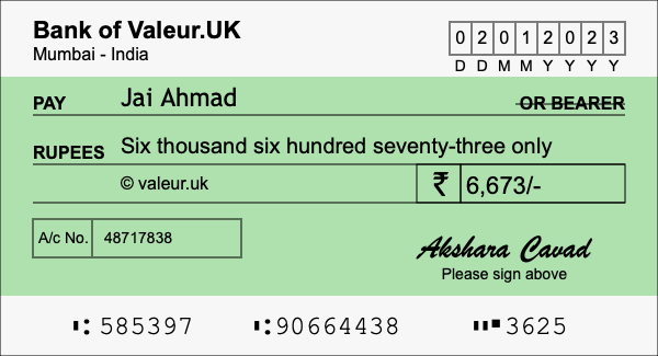 How to write a cheque for 6,673 rupees