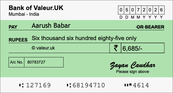 How to write a cheque for 6,685 rupees