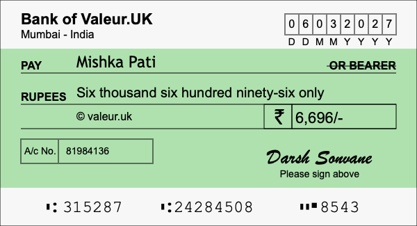 How to write a cheque for 6,696 rupees