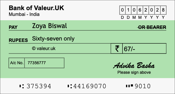 How to write a cheque for 67 rupees