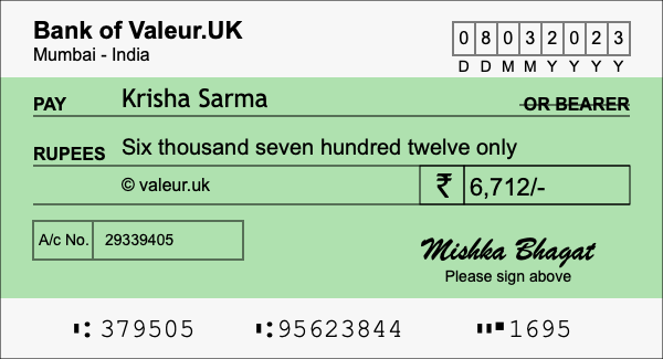 How to write a cheque for 6,712 rupees