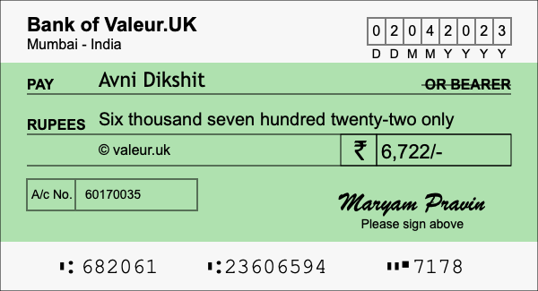How to write a cheque for 6,722 rupees