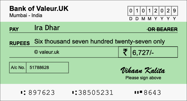 How to write a cheque for 6,727 rupees