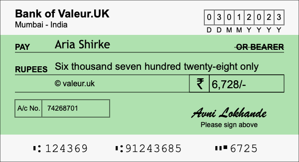 How to write a cheque for 6,728 rupees
