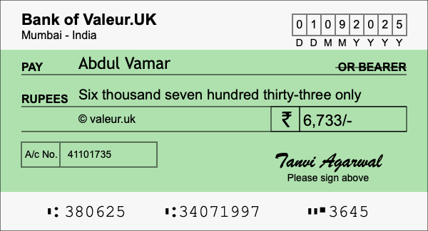 How to write a cheque for 6,733 rupees