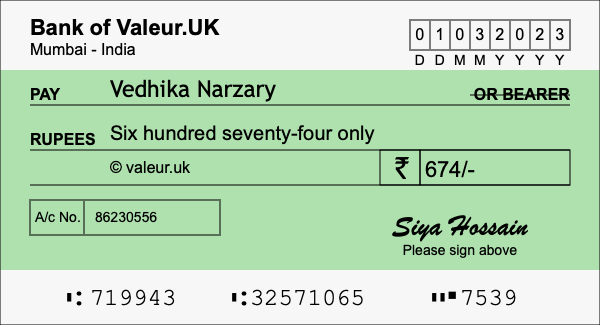 How to write a cheque for 674 rupees