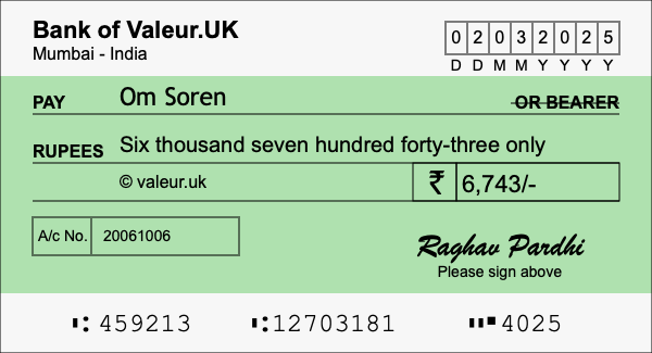 How to write a cheque for 6,743 rupees