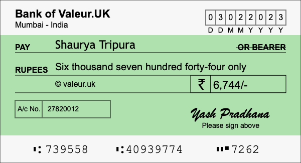 How to write a cheque for 6,744 rupees