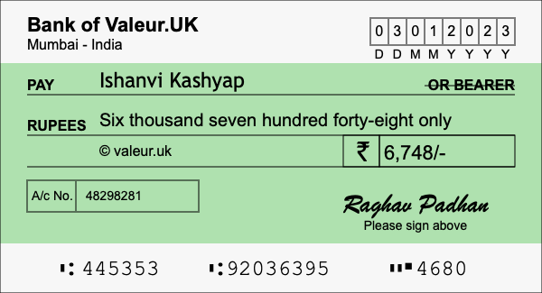 How to write a cheque for 6,748 rupees