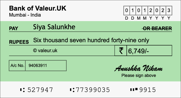 How to write a cheque for 6,749 rupees