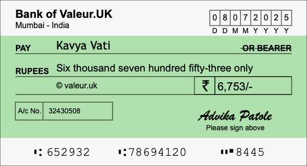 How to write a cheque for 6,753 rupees
