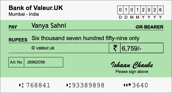 How to write a cheque for 6,759 rupees